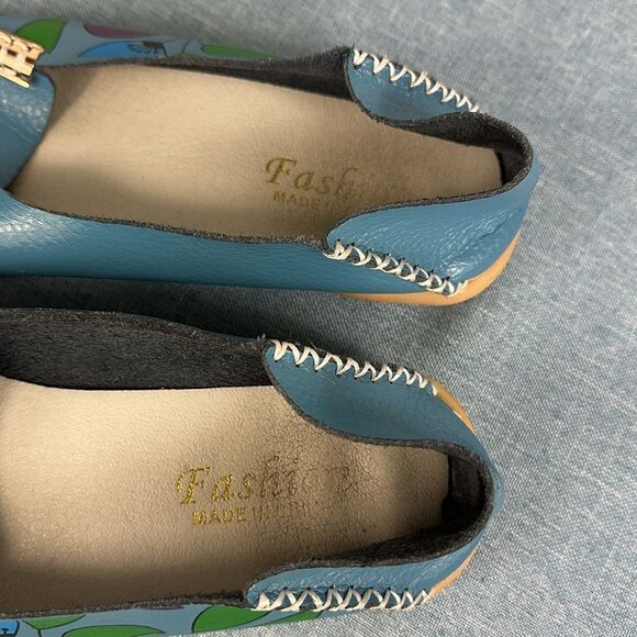 Floral Print Blue Leather Women's Slip On Loafers Size 8 - Picture 8 of 8